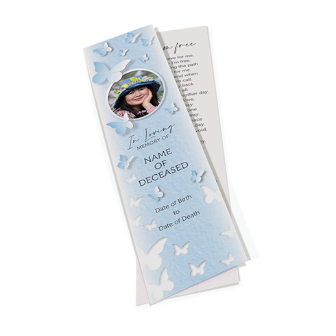 The fourth image in a slide show, showing a blue Butterfly Flurry designed bookmark