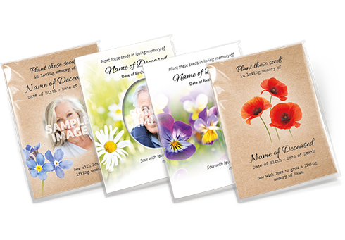 A range of seed packets, each with different designs and personalised names and dates