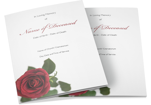 A beautifully printed Order of Service with the design of a red rose on the front